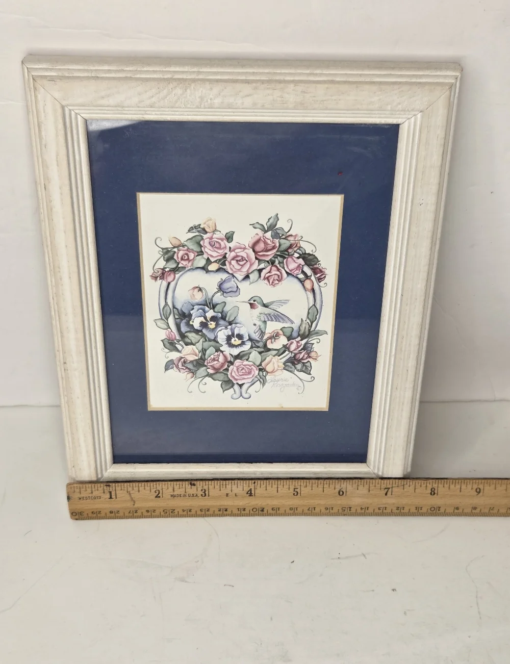 Vintage 90s Blue Hummingbird Floral Wooden Wall Decor Set Laurie Korsgaden
